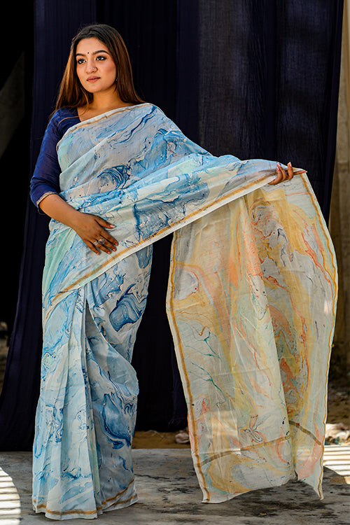 Sooti Syahi Nadiya Ke Paar Hand Marble Printed Chanderi Silk Saree Online