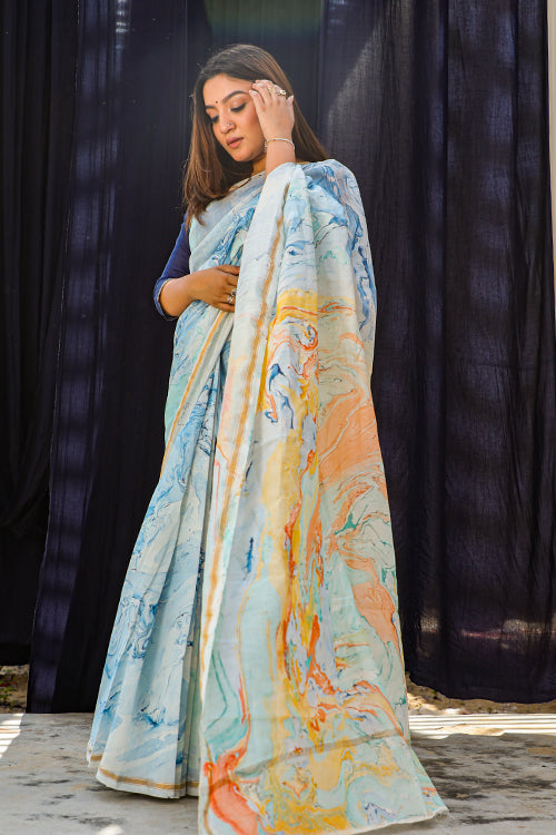 Sooti Syahi Nadiya Ke Paar Hand Marble Printed Chanderi Silk Saree Online