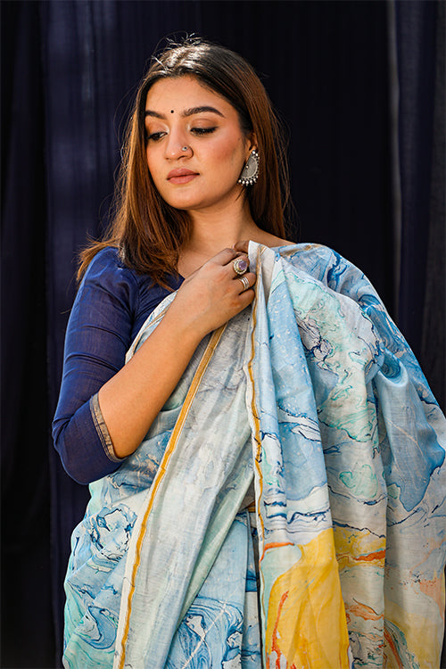 Sooti Syahi Nadiya ke Paar : Hand Marble Printed Chanderi Silk Saree