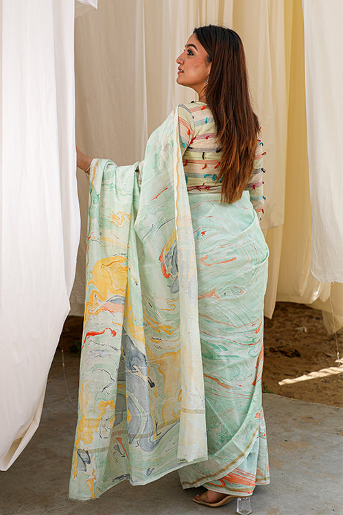 Sooti Syahi Biomimicry : Imitating Nature : Hand Marble Printed Chanderi Silk Saree