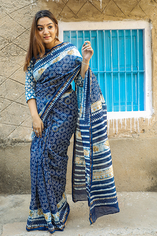 Sooti Syahi Wheels Of Time Dabu Indigo Handblock Print Slub Cotton Saree Online