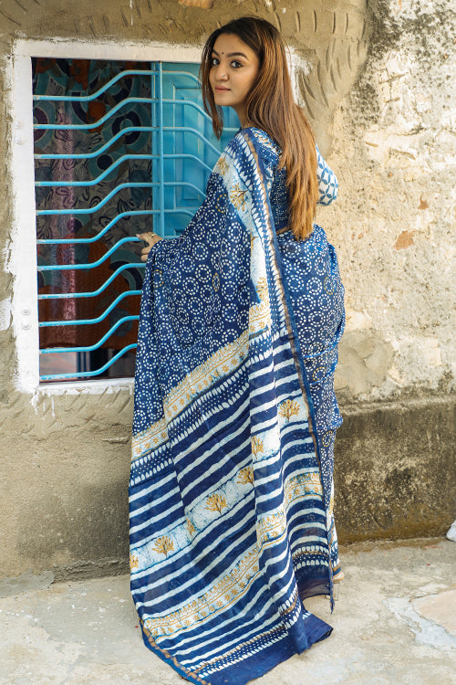 Sooti Syahi Wheels of Time: DABU INDIGO Handblock Printed Chanderi Silk Saree