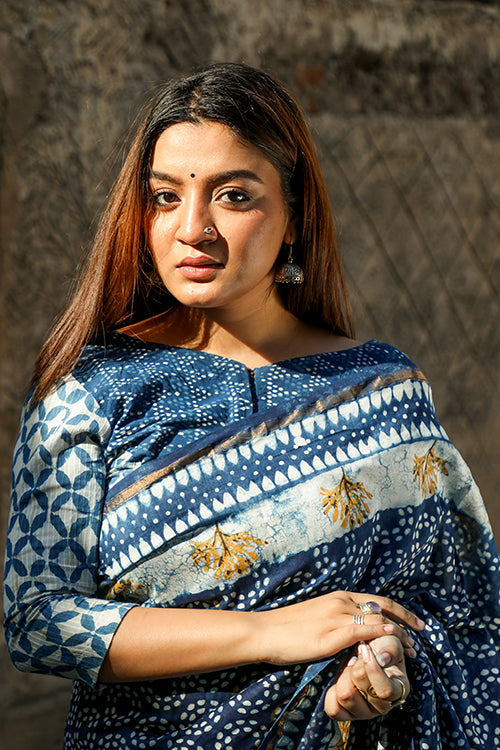 Sooti Syahi Wheels of Time: DABU INDIGO Handblock Printed Chanderi Silk Saree