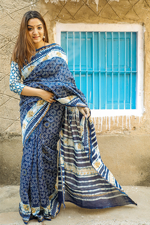 Sooti Syahi Wheels Of Time Dabu Indigo Handblock Print Slub Cotton Saree Online