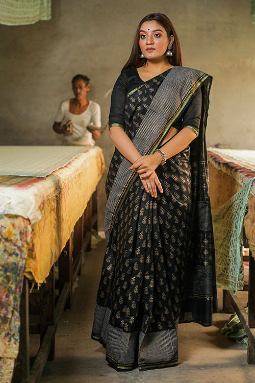 Sooti Syahi Gold On Black Block Printed Chanderi Silk Saree Online