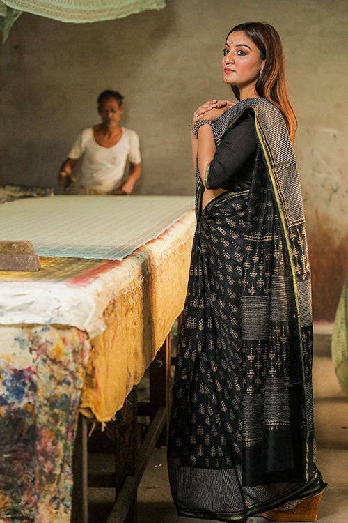 Sooti Syahi-Hand Block Printed Chanderi Silk Saree-9