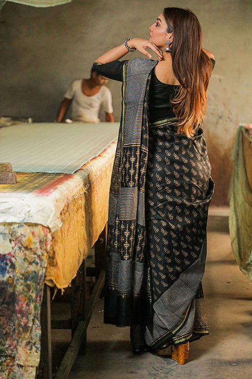 Sooti Syahi-Hand Block Printed Chanderi Silk Saree-9