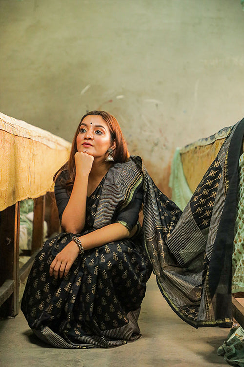 Sooti Syahi Gold On Black Block Printed Chanderi Silk Saree Online