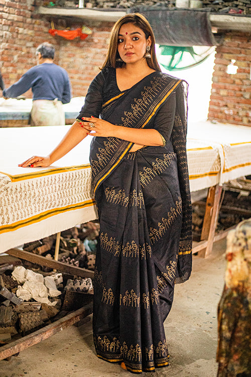 Sooti Syahi-Hand Block Printed Chanderi Silk Saree-10