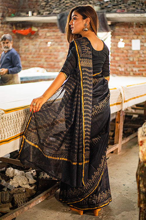 Sooti Syahi-Hand Block Printed Chanderi Silk Saree-10