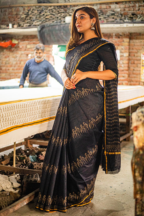 Sooti Syahi-Hand Block Printed Chanderi Silk Saree-10