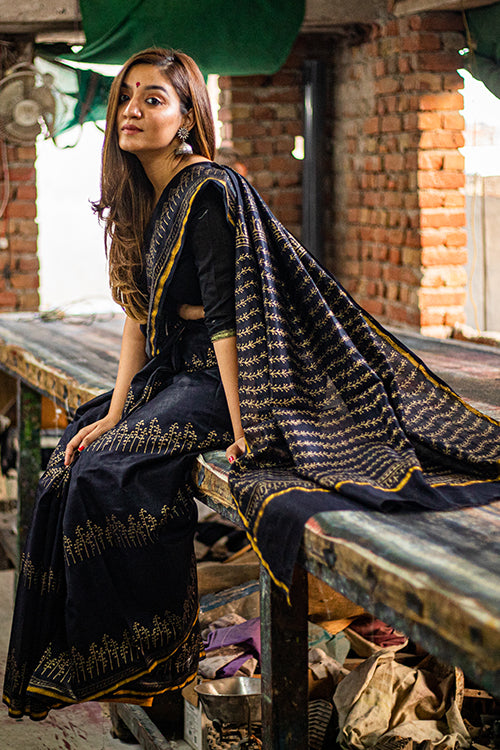 Sooti Syahi Black Handblock Printed Chanderi Silk Saree Online