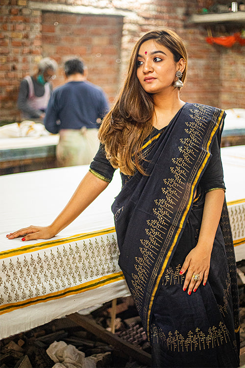 Sooti Syahi Black Handblock Printed Chanderi Silk Saree Online