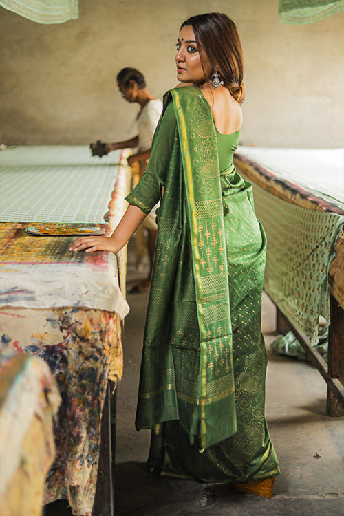 Sooti Syahi Green Handblock Printed Chanderi Silk Saree Online