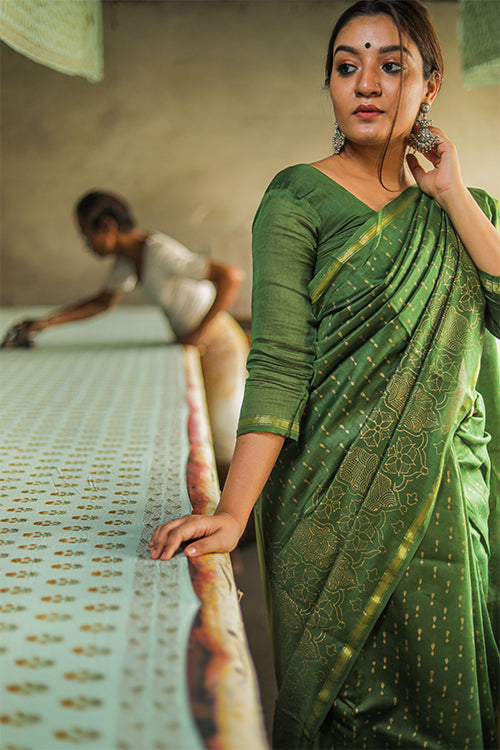 Sooti Syahi-Hand Block Printed Chanderi Silk Saree-12