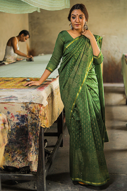 Sooti Syahi Green Handblock Printed Chanderi Silk Saree Online