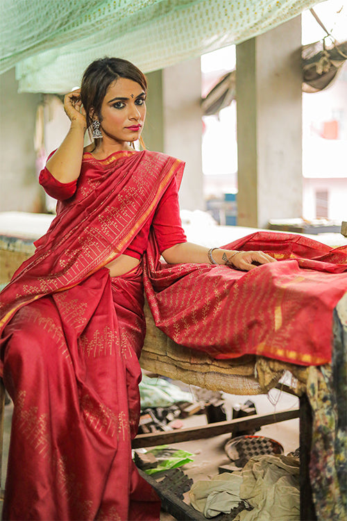 Sooti Syahi Red Handblock Printed Chanderi Silk Saree Online