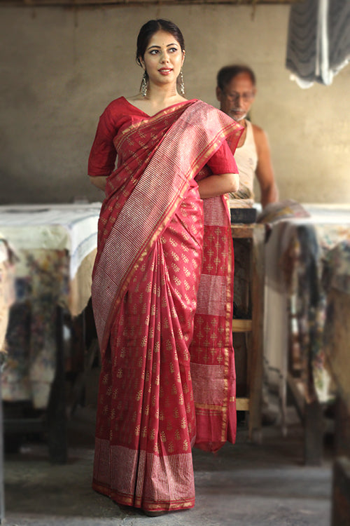 Red Handblock Print Chanderi Silk Saree With Blouse Online Online