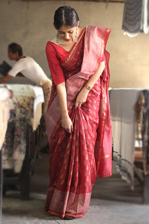 Sooti Syahi Handblock Print Chanderi Silk Saree-5