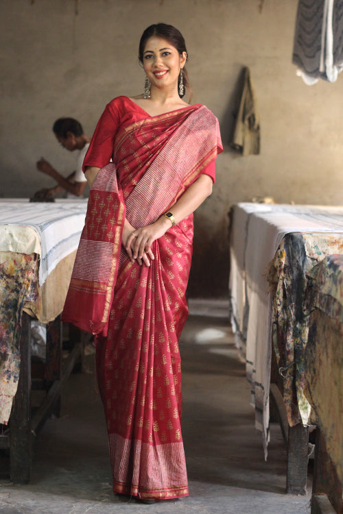 Sooti Syahi Handblock Print Chanderi Silk Saree-5