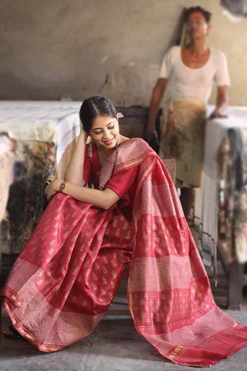 Red Handblock Print Chanderi Silk Saree With Blouse Online Online