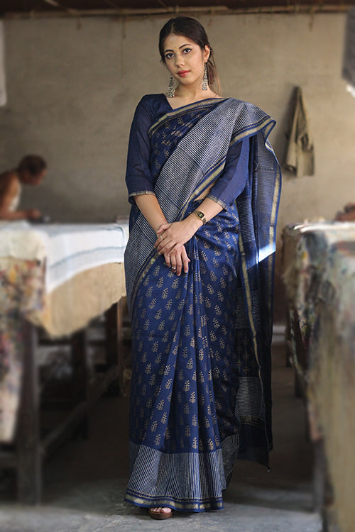 Sooti Syahi Handblock Print Chanderi Silk Saree-6