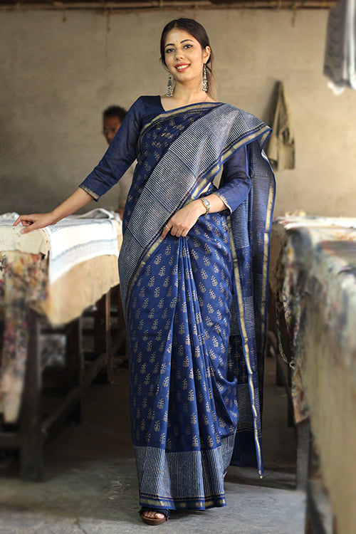 Sooti Syahi Handblock Print Chanderi Silk Saree-6