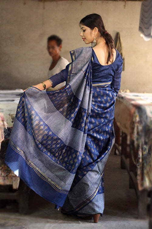 Sooti Syahi Handblock Print Chanderi Silk Saree-6