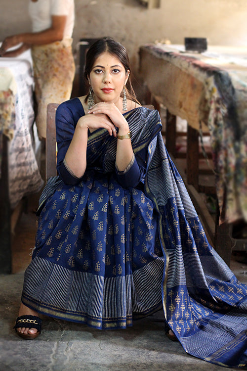 Sooti Syahi Handblock Print Chanderi Silk Saree-6