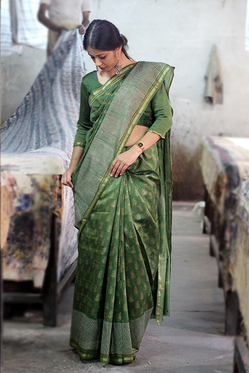 Green Handblock Print Chanderi Silk Saree With Blouse Online Online