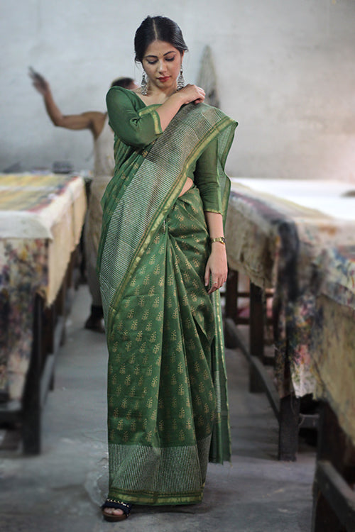 Green Handblock Print Chanderi Silk Saree With Blouse Online Online