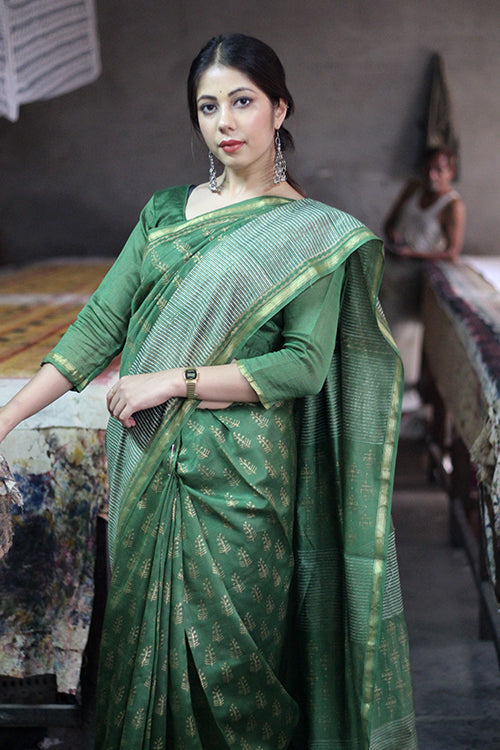 Sooti Syahi Handblock Print Chanderi Silk Saree-7