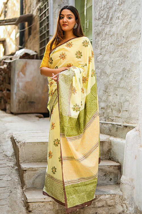 Sooti Syahi Mango Blossoms Handblock Print Mul Mul Cotton Saree Online