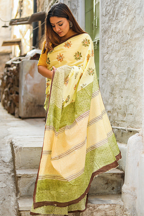 Sooti Syahi Mango Blossoms Handblock Print Mul Mul Cotton Saree Online