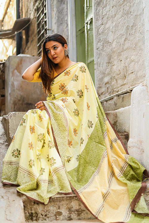Sooti Syahi Mango Blossoms: Handblock Print Mul Cotton Saree