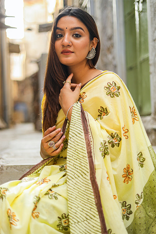 Sooti Syahi Mango Blossoms: Handblock Print Mul Cotton Saree