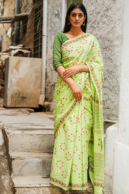 Sooti Syahi Kachcha Aam Handblock Print Mul Mul Cotton Saree Online