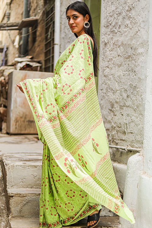 Sooti Syahi Kachcha Aam: Handblock Print Mul Cotton Saree