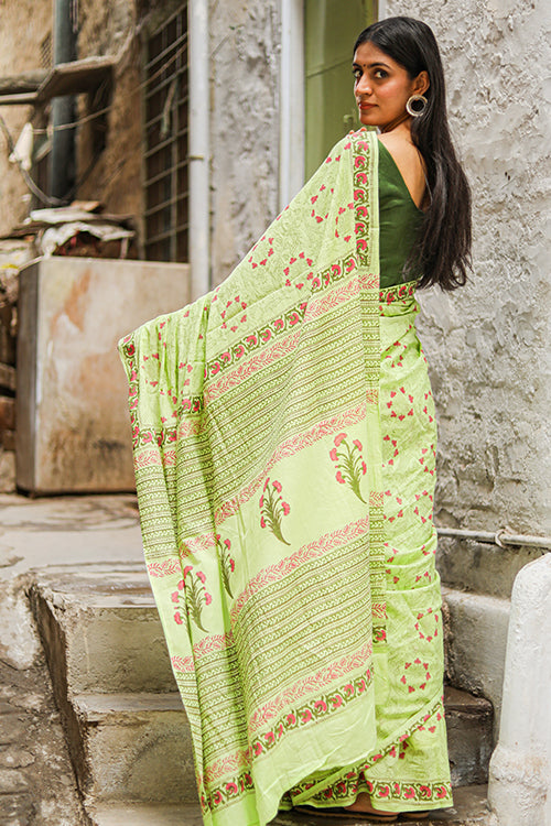 Sooti Syahi Kachcha Aam: Handblock Print Mul Cotton Saree