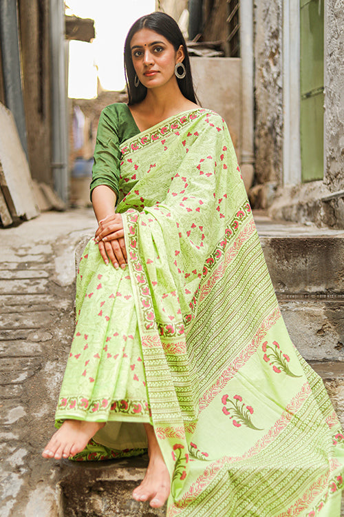 Sooti Syahi Kachcha Aam Handblock Print Mul Mul Cotton Saree Online