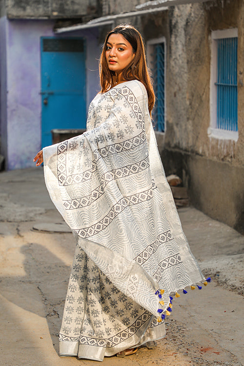 Peace Lily Handblock Print Slub Cotton Saree Online