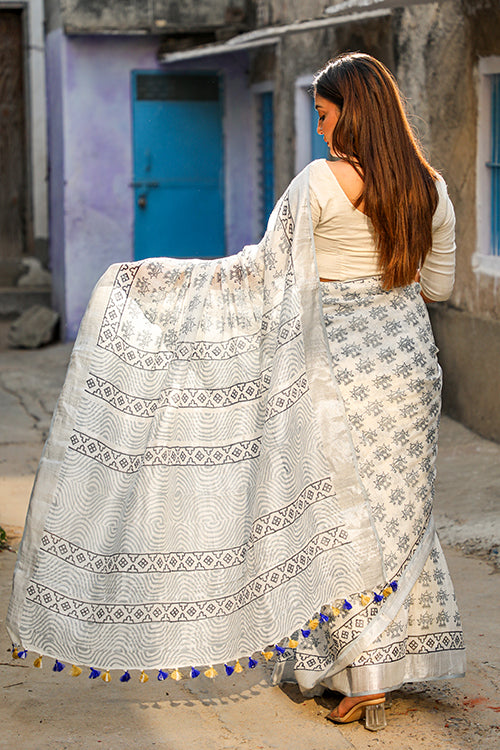 Sooti Syahi Peace Lily: Handblock Printed Slub Cotton Saree