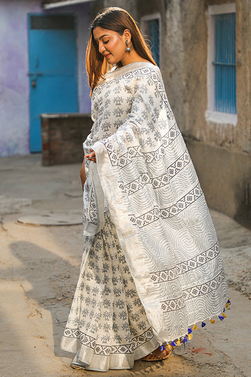 Peace Lily Handblock Print Slub Cotton Saree Online