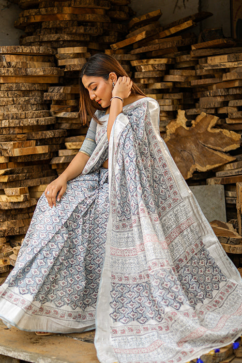 Sooti Syahi Bliss Handblock Printed Slub Cotton Saree Online