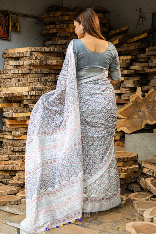 Sooti Syahi Bliss : Handblock Print Slub Cotton Saree