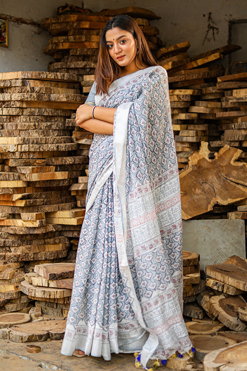 Sooti Syahi Bliss Handblock Printed Slub Cotton Saree Online