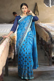 Blue Handblock Print Maheshwari Silk Saree With Blouse Online Online