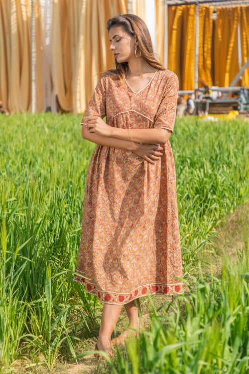 Dusky Dawn Pure Cotton Hand Block Printed Dress For Women Online