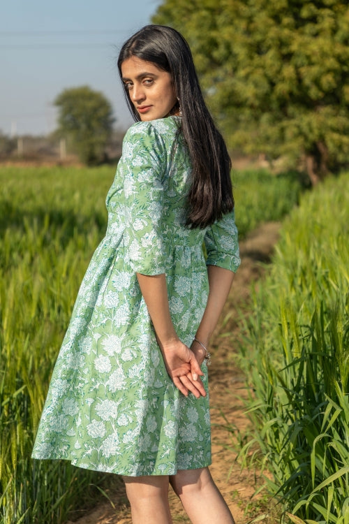 Sea Sage Pure Cotton Hand Block Printed Dress For Women Online