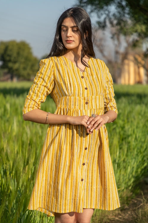 Sunny Stripe Pure Cotton Hand Block Printed Dress For Women Online